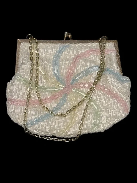 2/$25 Beaded White Pastel Floral Evening Bag with Gold Chain - Picture 5 of 10
